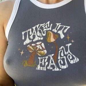 TAKE IT EASY MUSHROOM SHIRT Ribbed Graphic Tank Crop Top